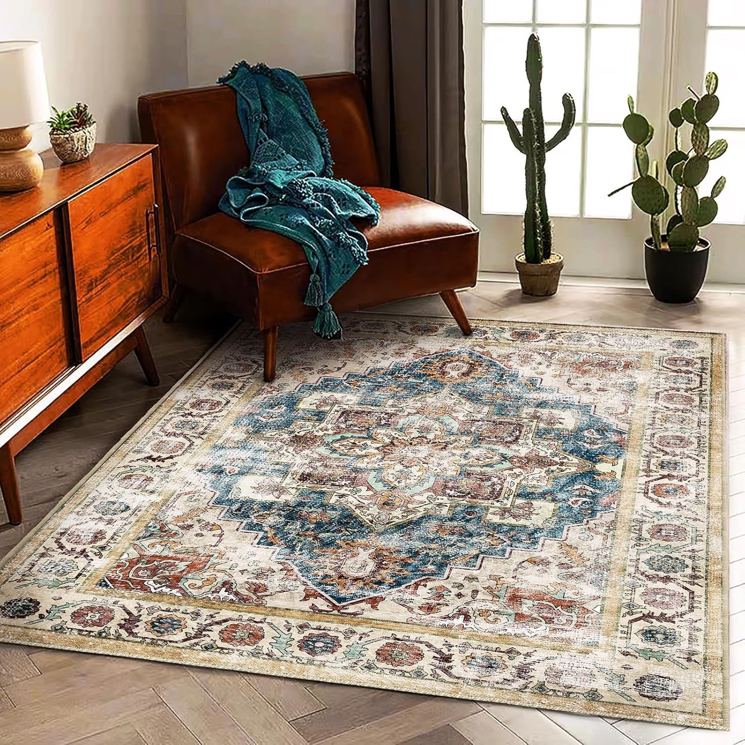 Soft Faded Boho Rug 5’x7′ – Living Room Distressed Throw Rug