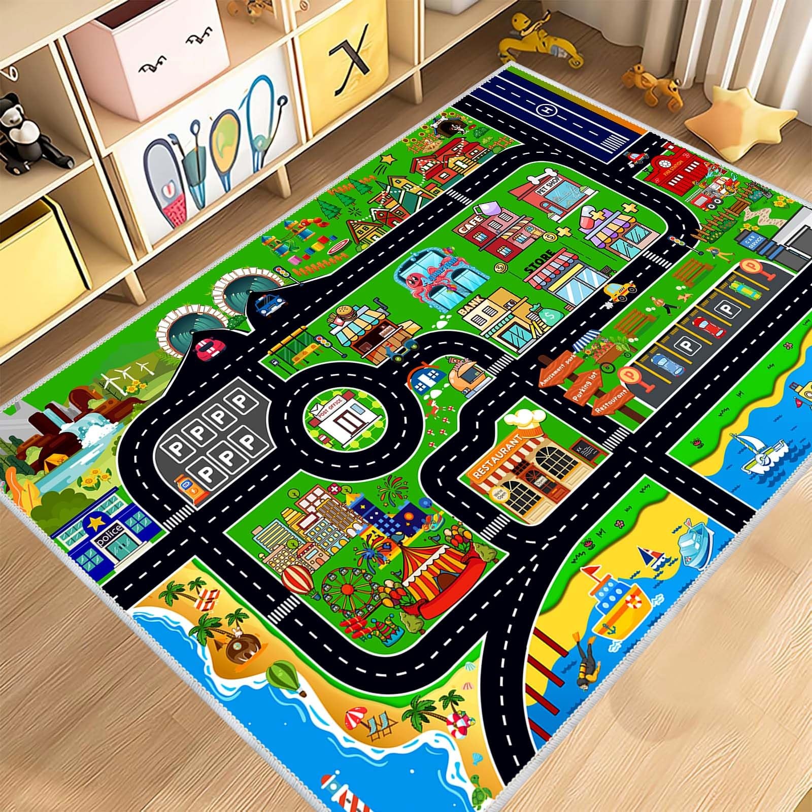 Kids Car Rug Play Mat Carpet for Cars Toys, 47”x71” Educational Road Traffi…