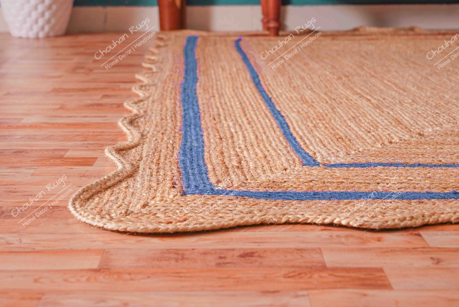 Custom size 2×10 Ft hand Braided Natural Jute Rug With Light Blue Border Rugs