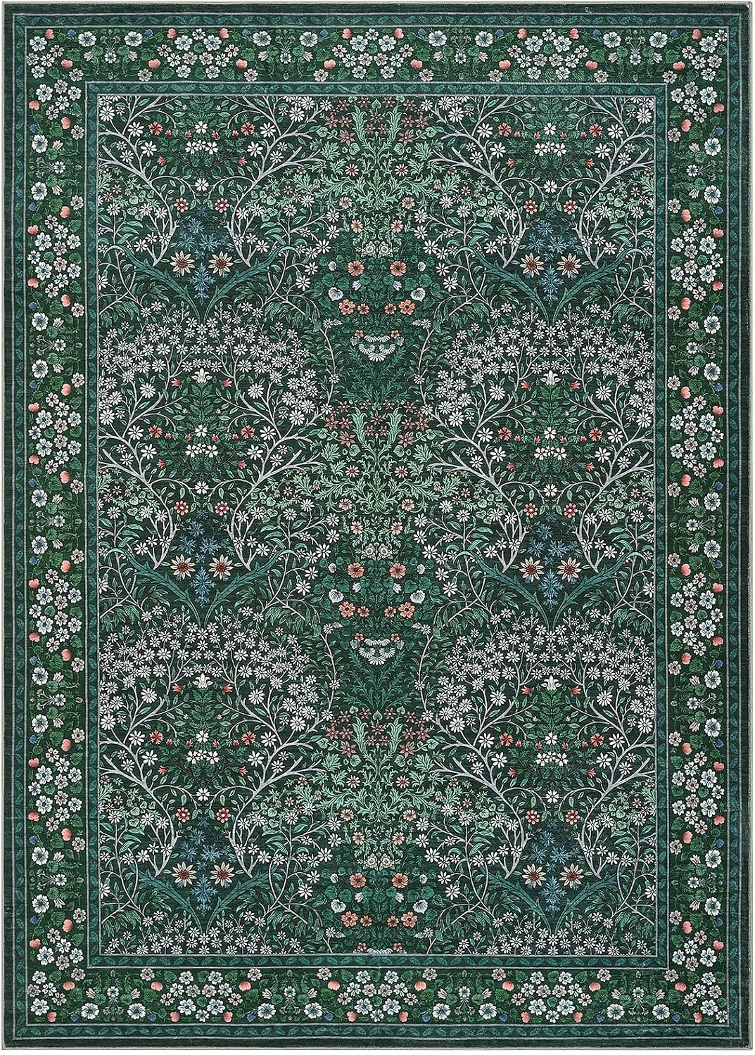 Area Rug 8X10, Easy to Clean Machine Washable Non-Slip Low-Pile Vintage Floral L
