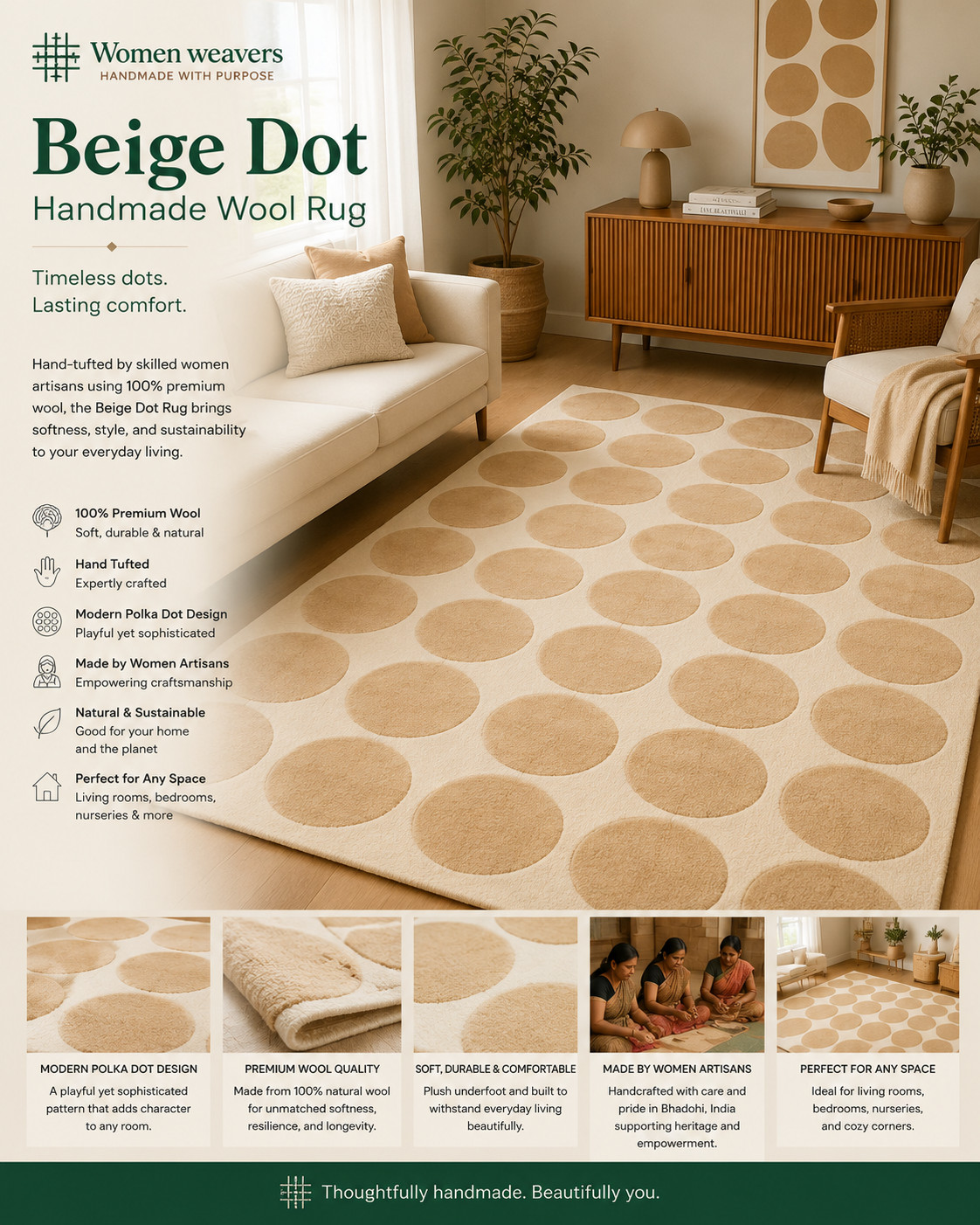 Modern Polka Dot Wool Area Rug Hand Tufted Green Geometric Carpet