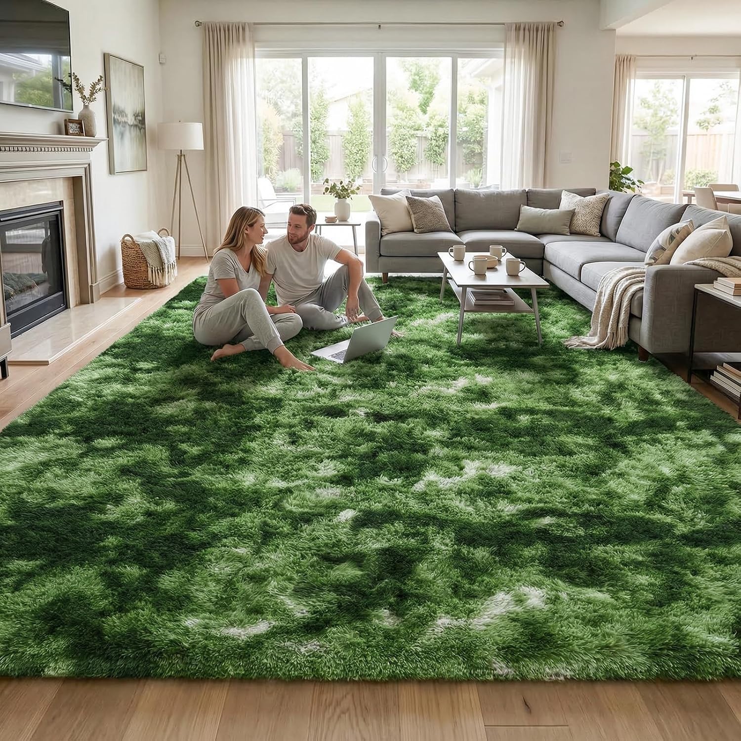 Fluffy High-Pile 4×6 ft Dark Green Rug – Modern Tie-Dye Design, Machine Washable