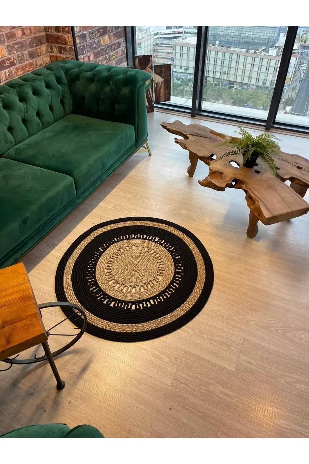 Perforated Black Bordered Straw Jute Knitting Rug Special Design Carpet