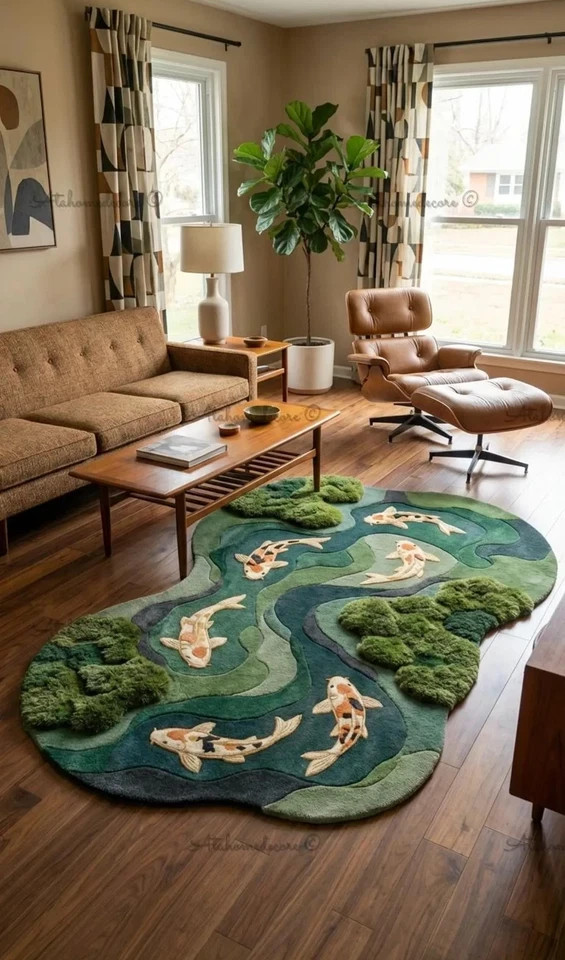 Hand Tufted Koi Fish Pond Rug, Irregular Moss Green Area Rug, Nature Inspired