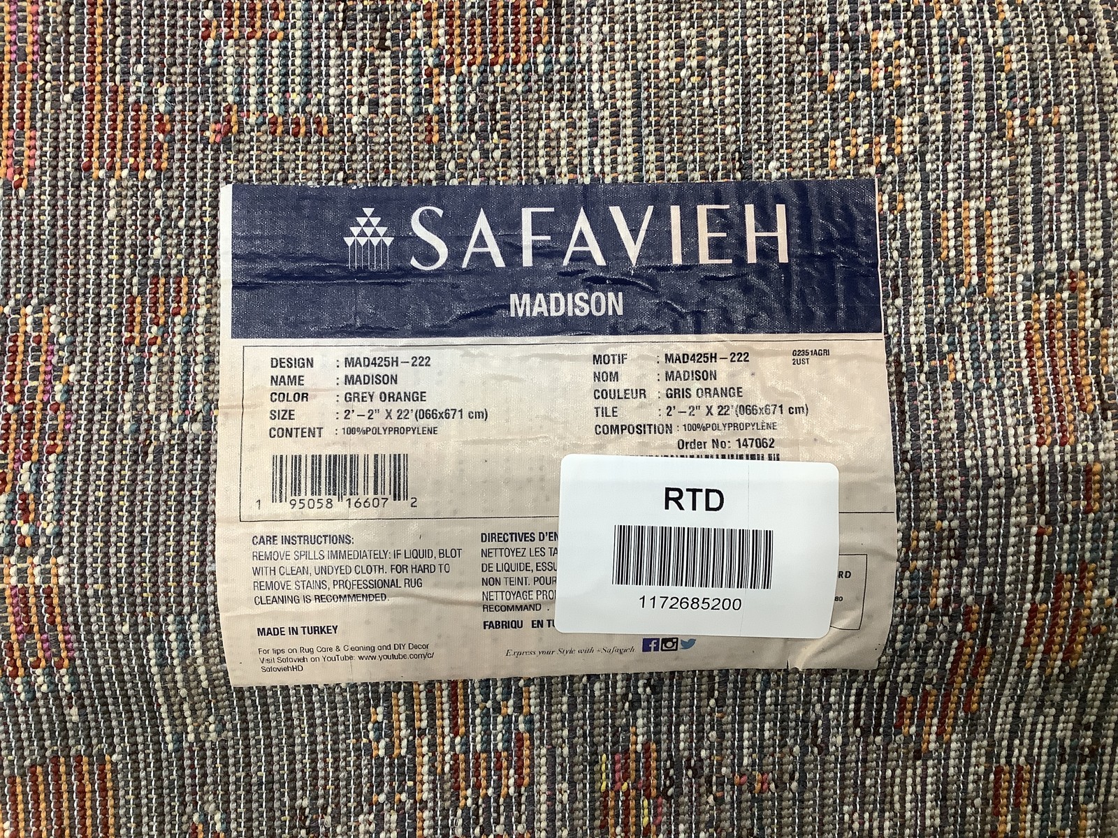 GREY / ORANGE 2′-2″ x 22′-0″ Back Stain Rug Reduced Price 1172685200 MAD425H-222