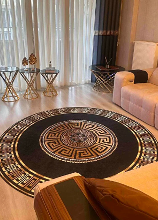 Black Gold Round Rug Non Slip Base Multipurpose Washable Carpet