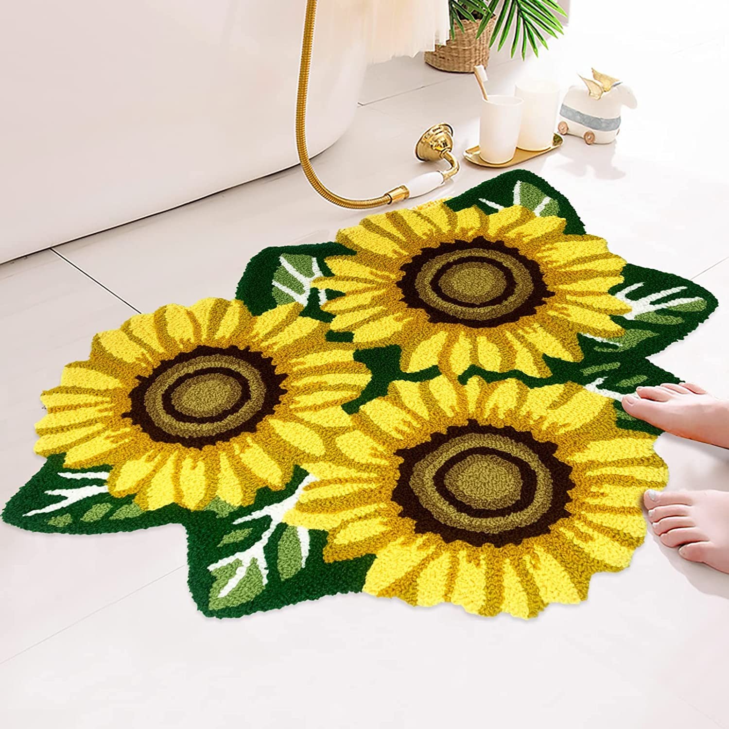 ABREEZE Sunflower Rug Hand Woven Sunflower Carpet,35.4″ x 25.5″ Flower Shaped…