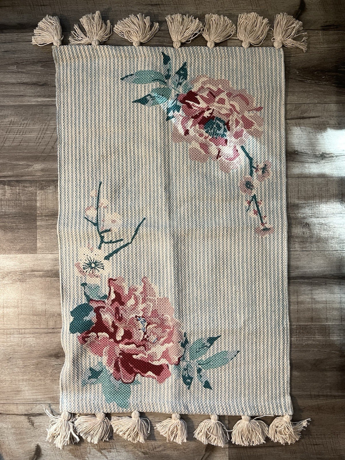 NWOT Carolyn Donnelly Teal Stripes & Pink Floral Rug Throw w/ Tassels 32” x 20”