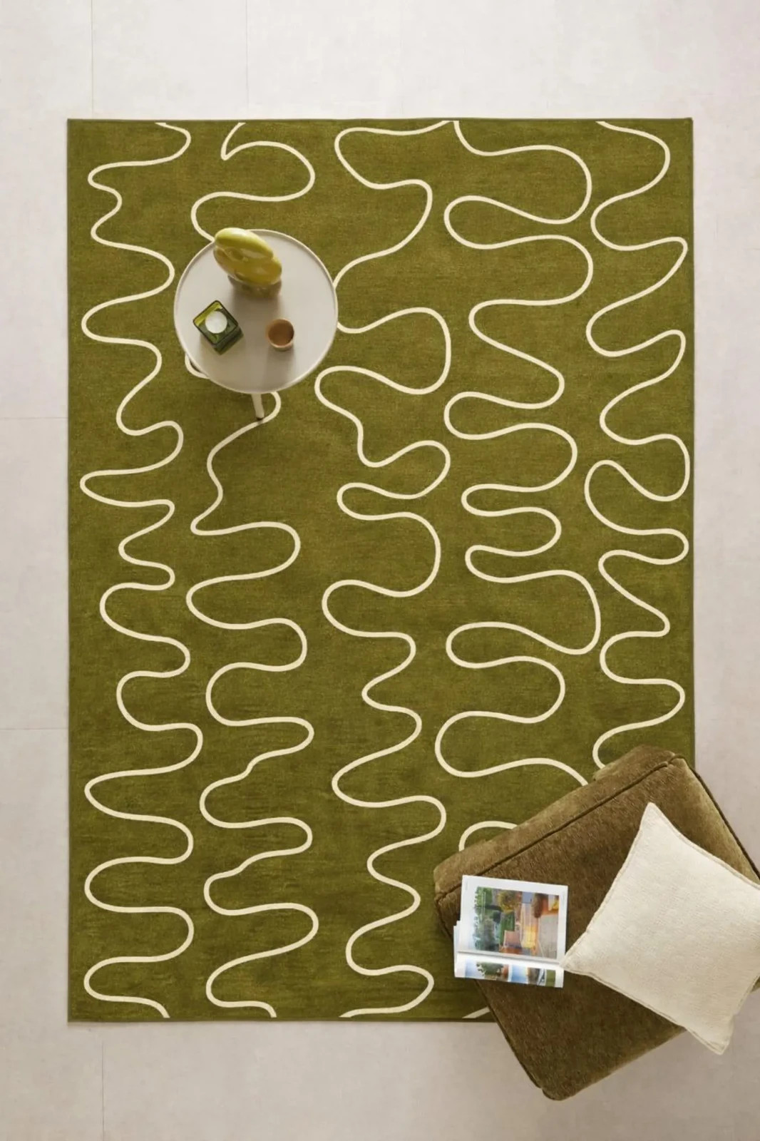 Modern Hand Tufted Wool Area Rug | Olive Green Abstract Wave Carpet