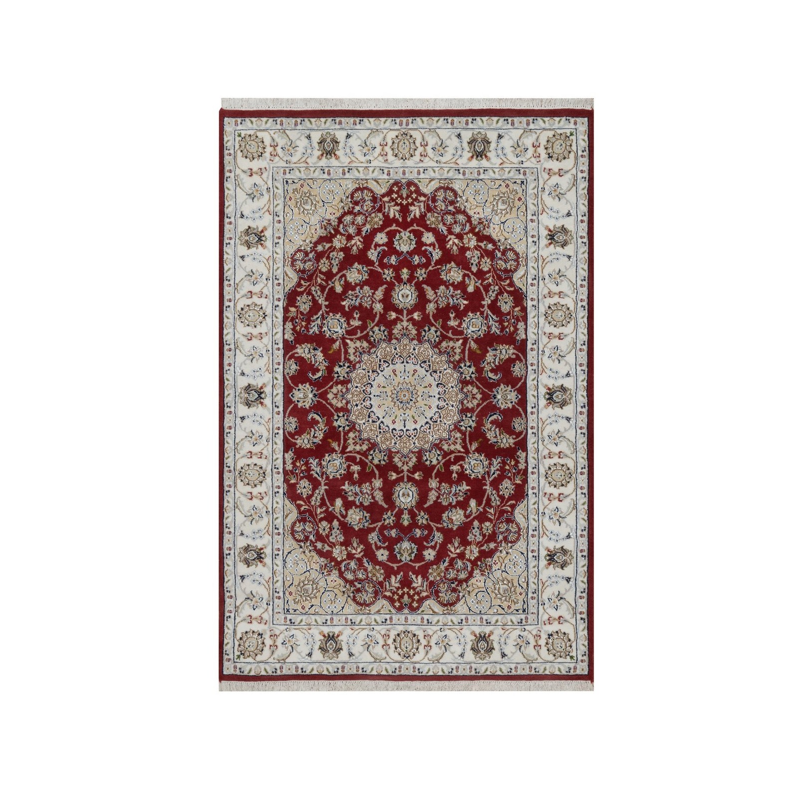 4’x6’1″ Red Nain Medallion Design Hand Knotted Wool and Silk 250 KPSI Rug R91530