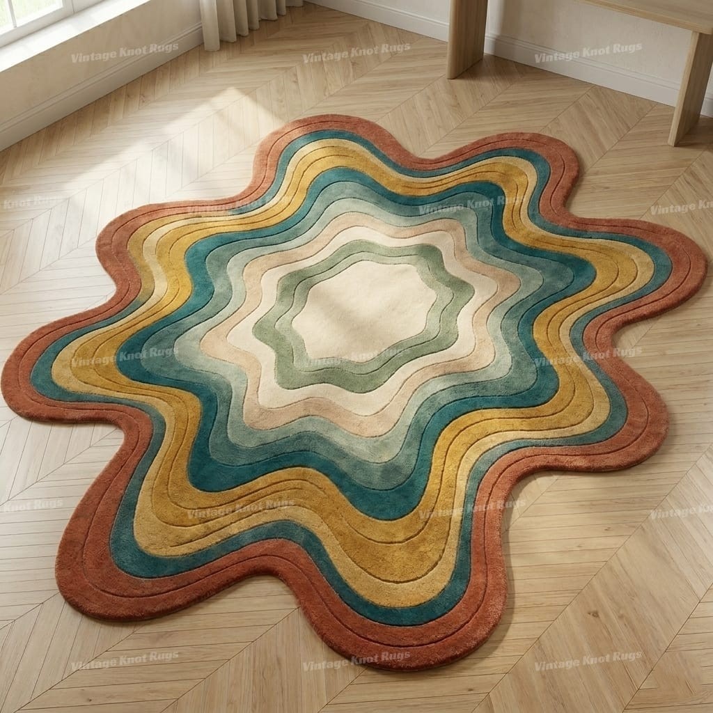 Hand Tufted Wool Area Rug 8×10 Abstract Wavy Modern Irregular Shape Plush Rug