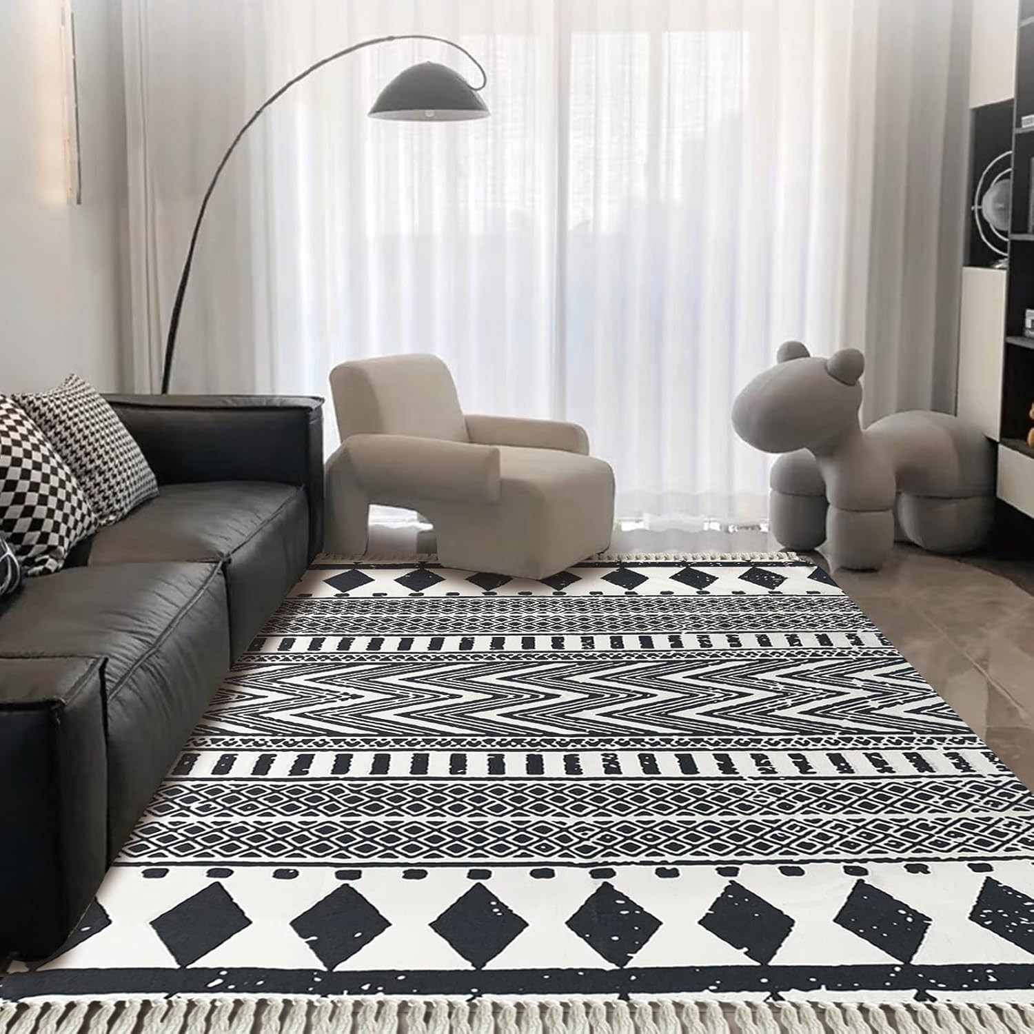 Boho Chic Hand Woven Black & White Area Rug with Tassels 63×90 Inches