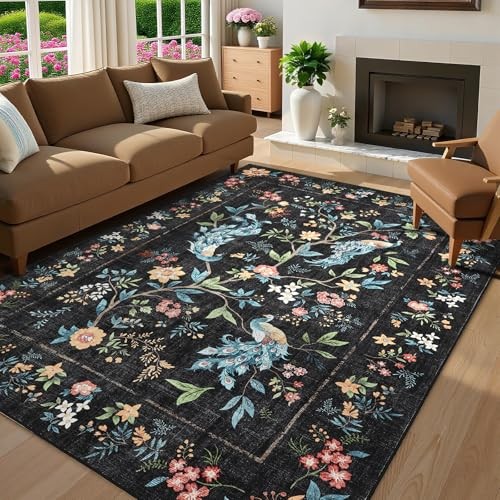 5×7 Area Rug Floral Peacock Black Washable Rugs for Living Room Bedroom, Soft