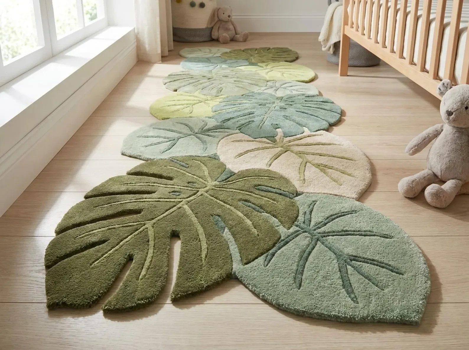 Hand Tufted Leaf Runner Rug, Botanical Hallway Carpet, Monstera Tropical Runner