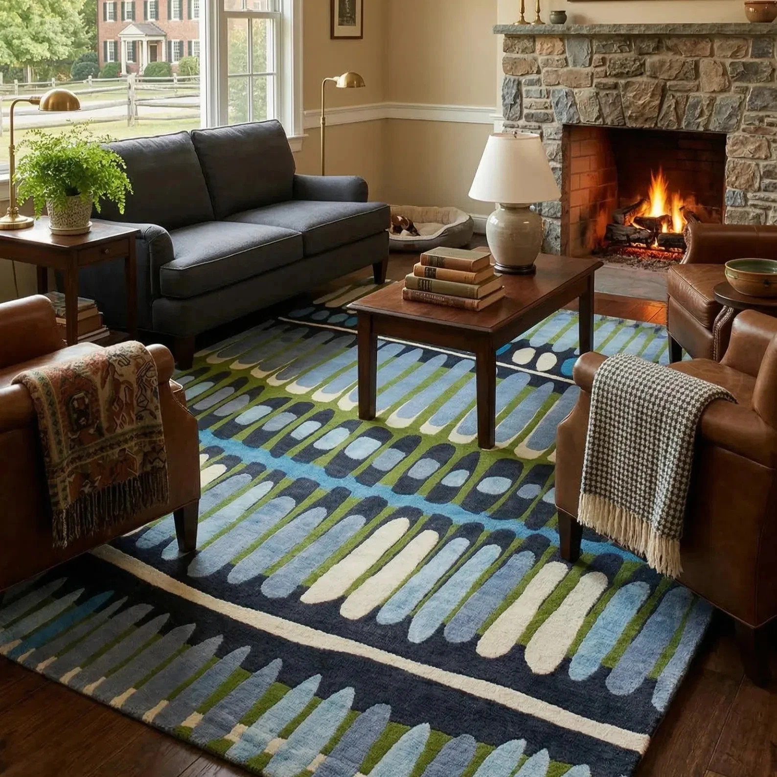 Rowen Hand Tufted Rug – Blue Green Scandinavian Geometric Area Rug for home 6×9