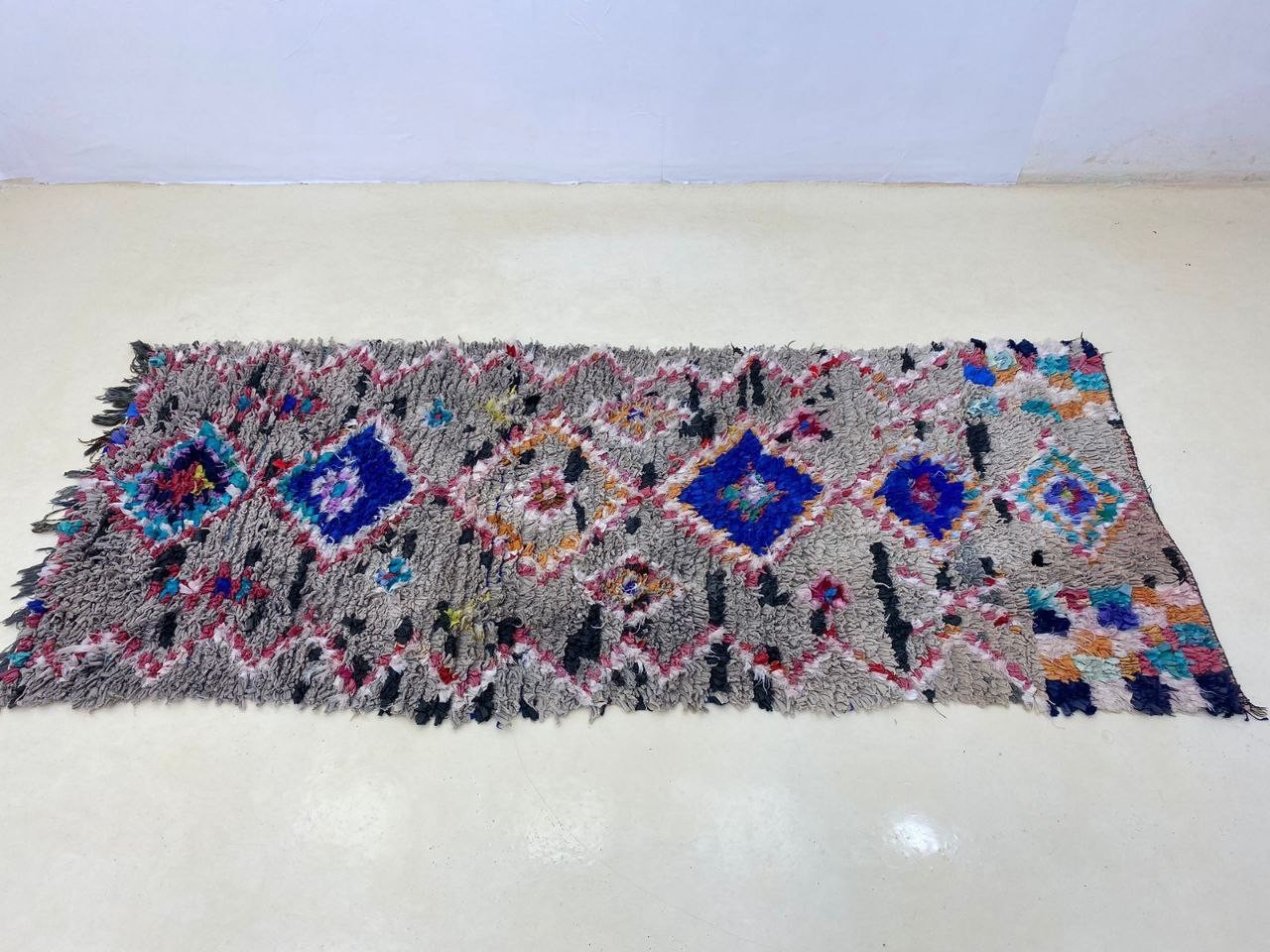 Boucherouite Moroccan Rug Handmade 3’3×7’7 ft Vintage Berber Blue Gray Home Rug