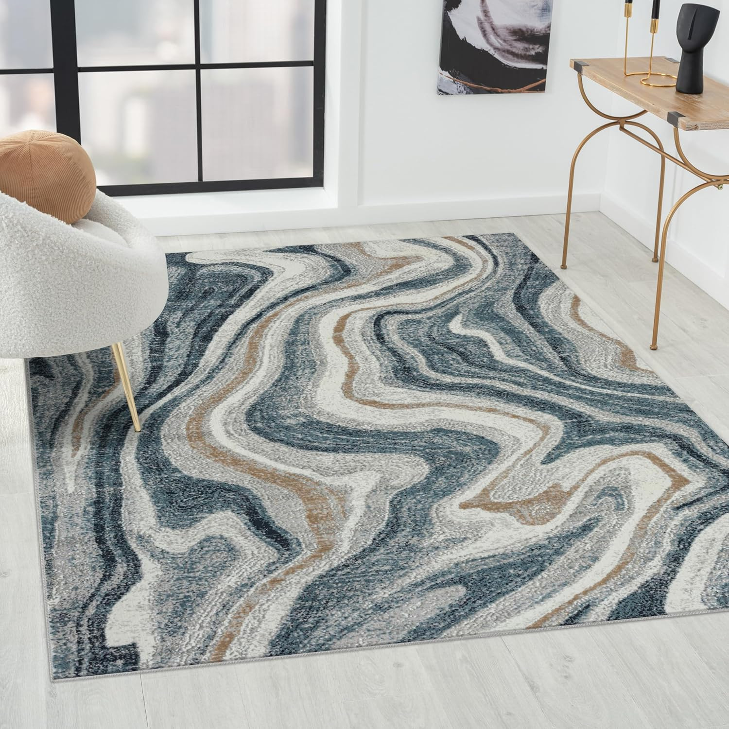 Marble Patterned Abstract Swirl Blue 5X7 Area Rug