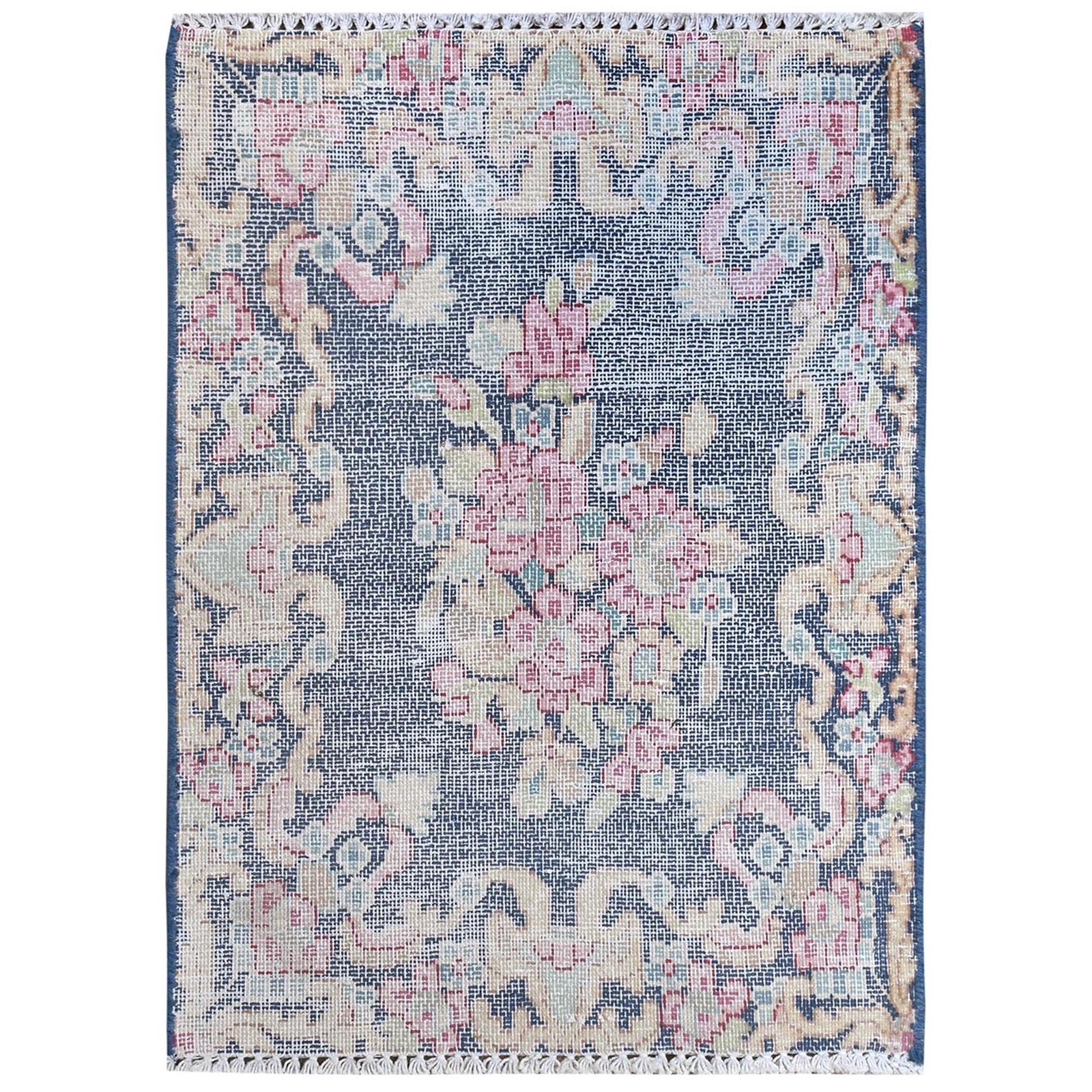 1’6″x2’1″ Blue Worn Wool Hand Knotted Vintage Farsian Karman Mat Rug R81954