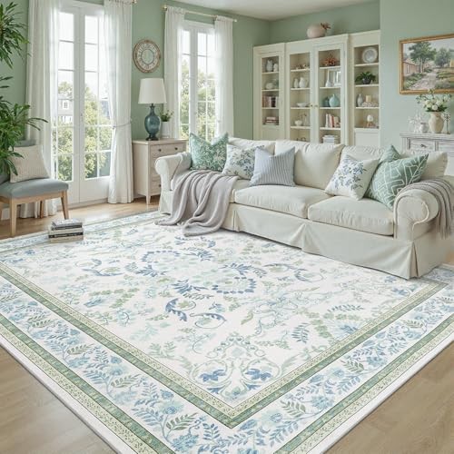 Green 5×7 Area Rug, Machine Washable Non 5′ x 7′ (Rectangular) Green & Blue