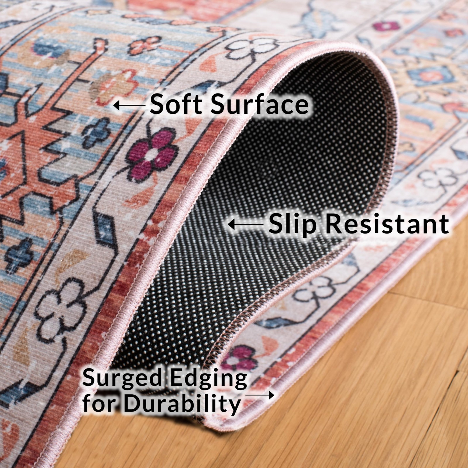 Washable Rug 8′ x 10′ Beige & Blue – Stain & Slip Resistant, Easy to Clean