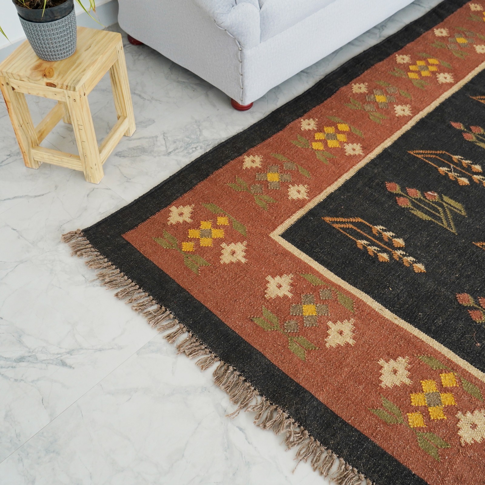 Natural Wool Jute Turkish Kilim Rug Bohemian Farmhouse Area Carpet Southwestern