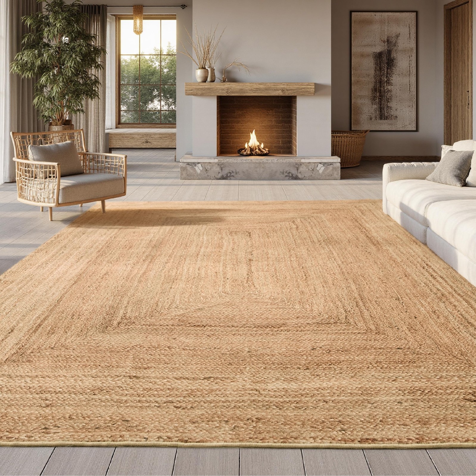 3×5 Printed Jute-Look Rug for Living Room – Machine Washable, Non-Slip, Non-Shed