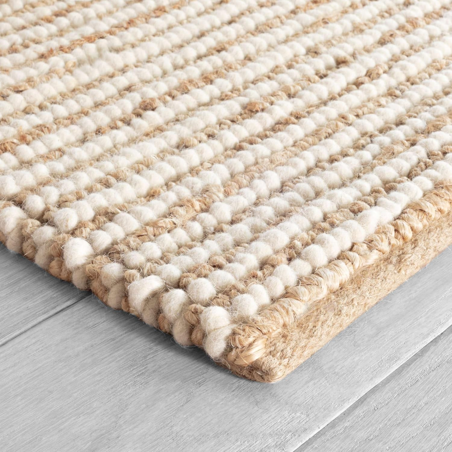 Natural Ivory Handwoven Wool & Jute Chunky Stripes Rug – 4′ x 6