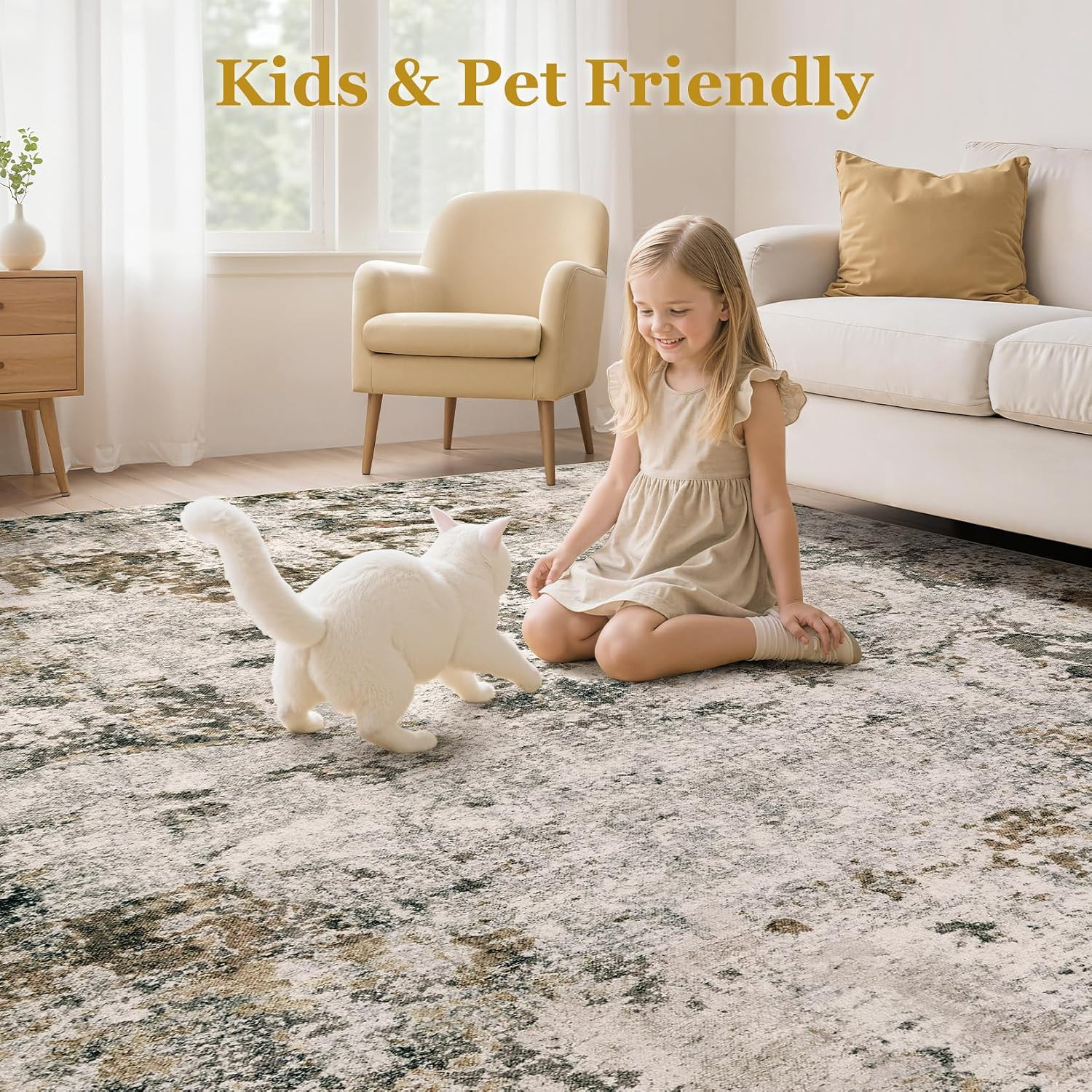 Area Rugs 5X8 Living Room: Washable Large Abstract Modern Neutral Soft Rug Stain