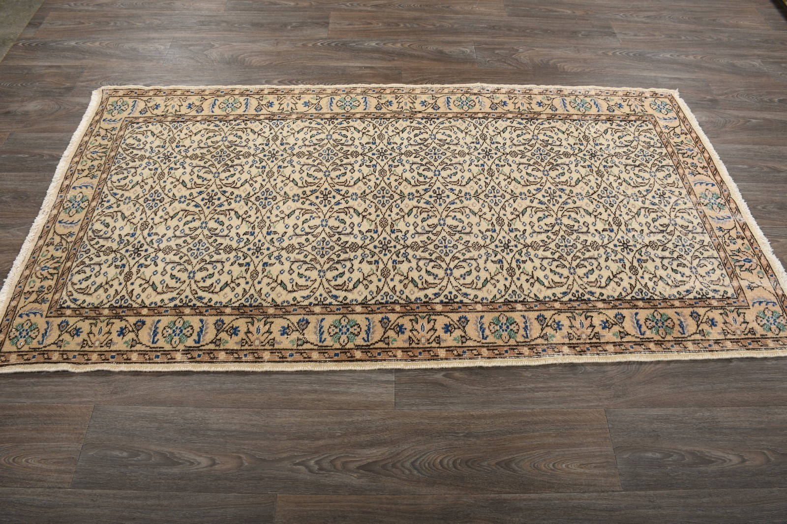 4×7 Vintage Turkish Beige Wool Rug, Handmade Isparta Area Rug Traditional