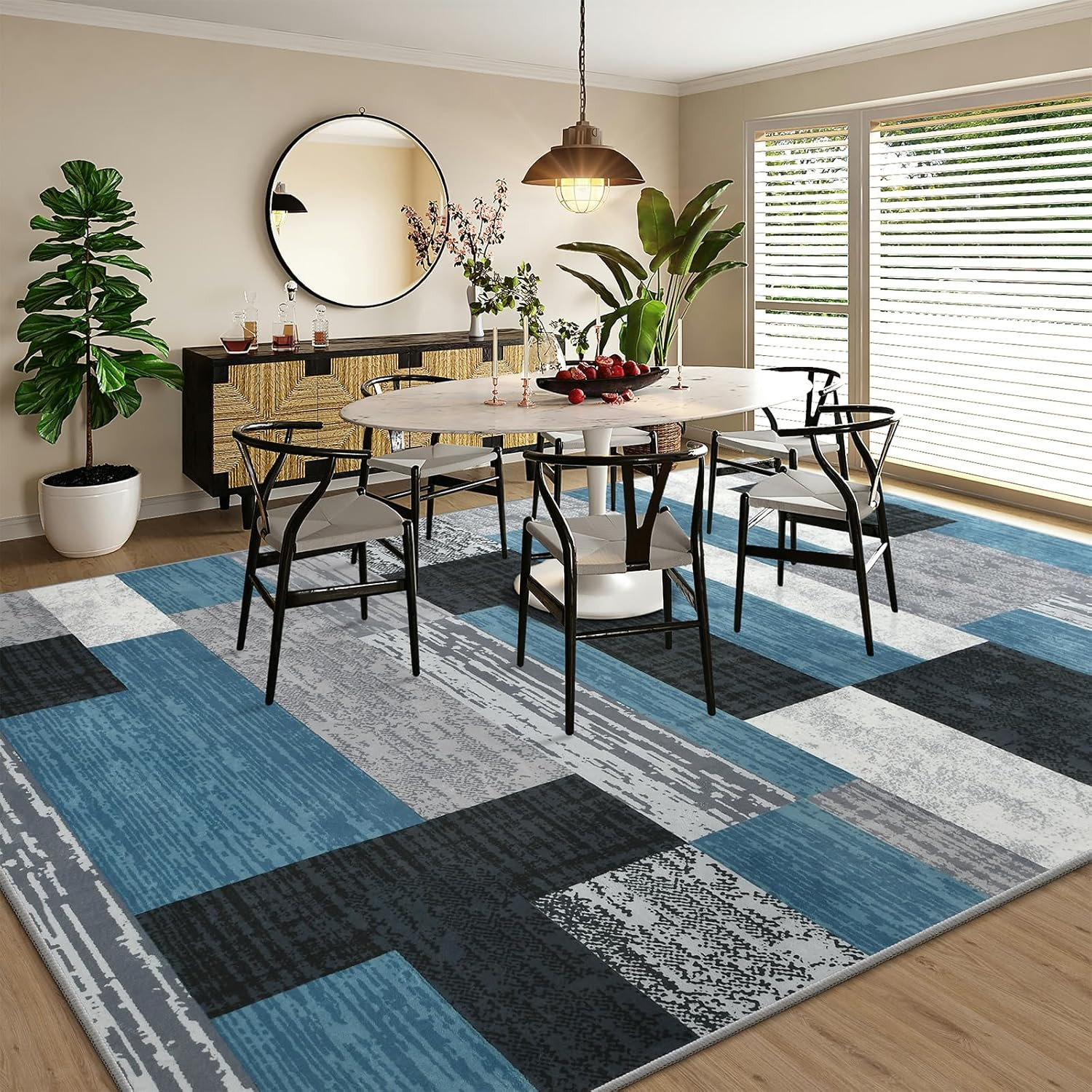 Stylish Blue Geometric Area Rug 5×8 Ft – Machine Washable Home Decor
