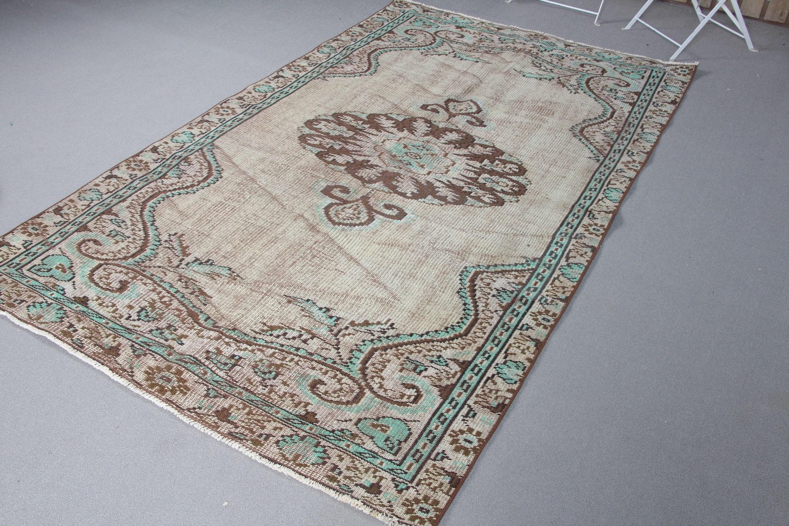 4,6×7,9 ft Rug, Vintage Turkish Rug, Beige Green Floral paisley Wool Rug