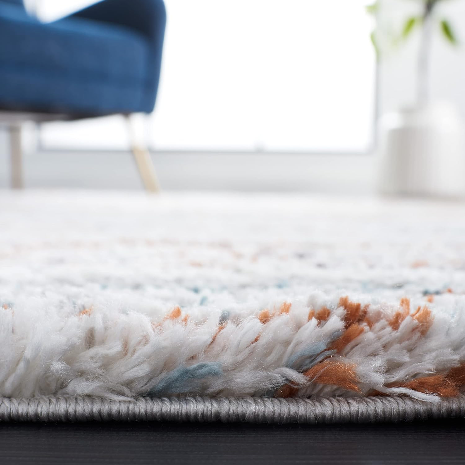 Berber Shag Area Rug 9′ x 12′ – Blue Rust Ivory Stripe, Non-Shedding, Easy Care