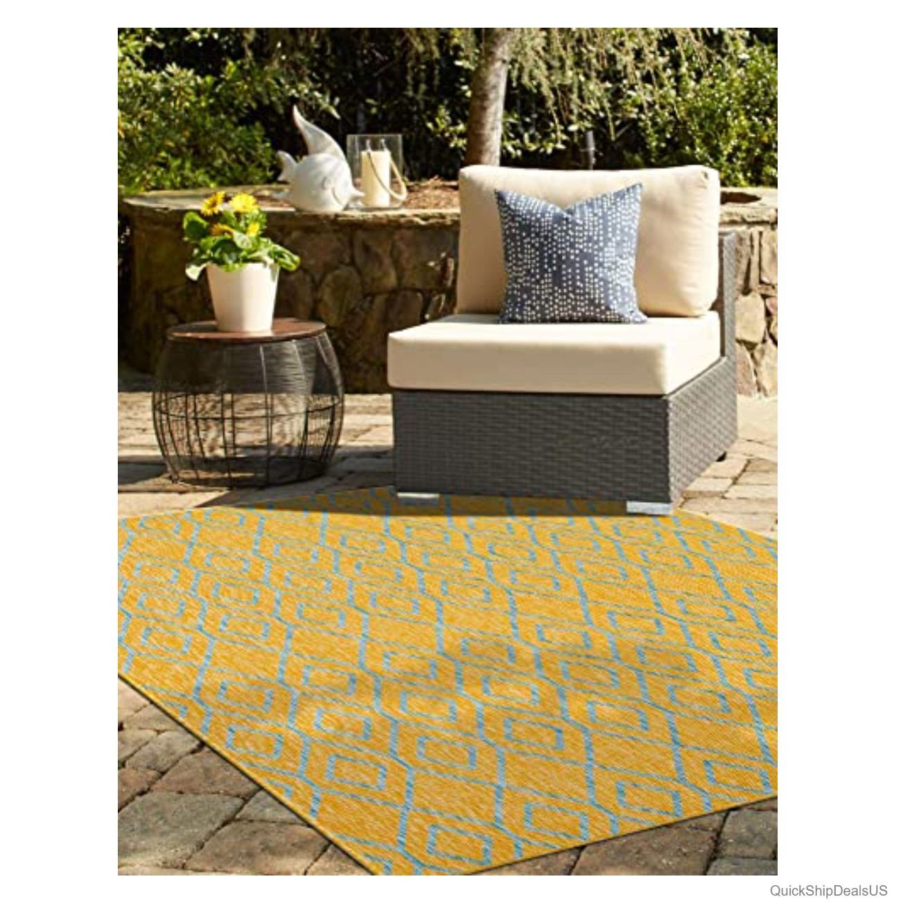 Area Rug 7×10 Rectangle Outdoor Geometric Polypropylene Yellow Aqua Low Pile