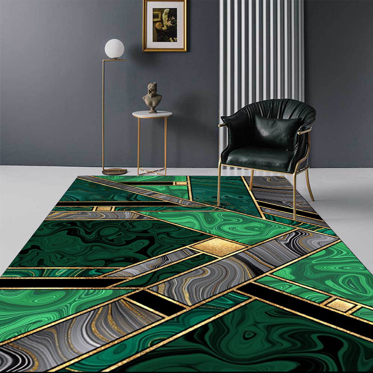Emerald Green Grey Abstract Marble Area Rug Gold Patchwork Texture Carpet