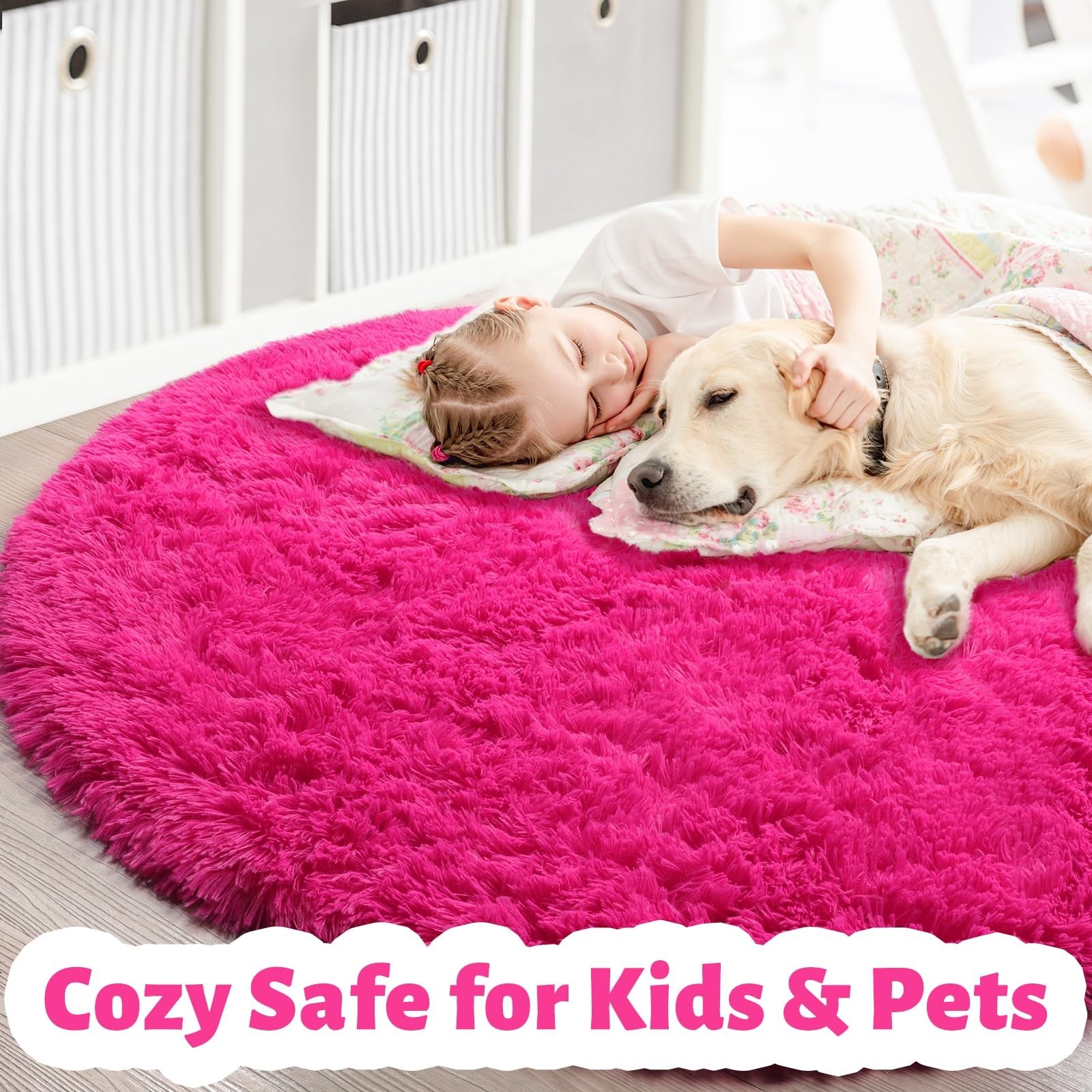 Hot Pink Fluffy Circle Round Rug 4’X4′ for Kids Room, Furry Carpet for Teen G…