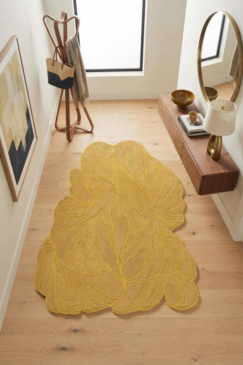 Modern Abstract Wool Rug Irregular Shaped Mustard Yellow Area Rug Tufted Carpet