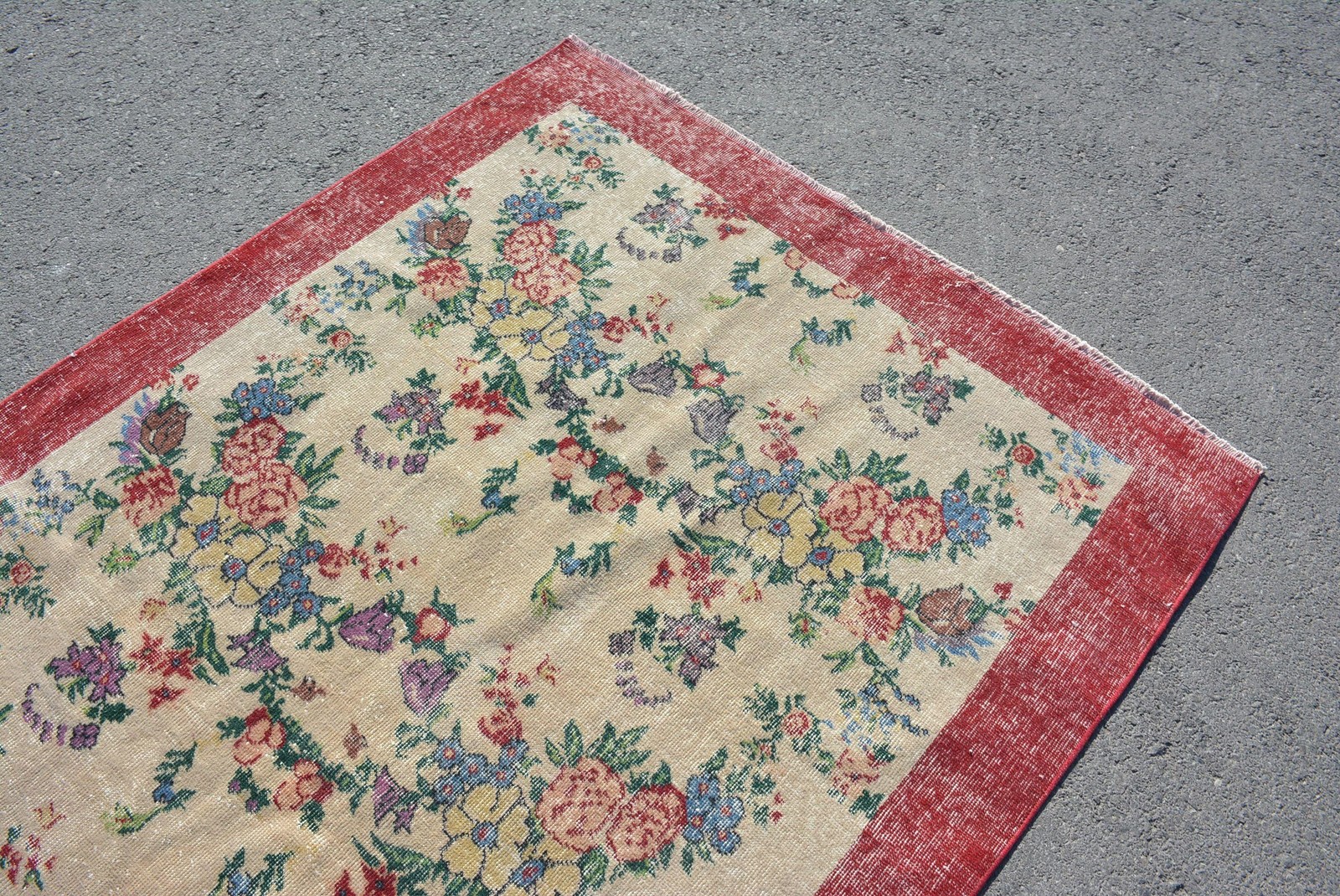 4,6×8,2 ft Turkish Rug, Vintage Area Rug, Red White Solid Wool Rug