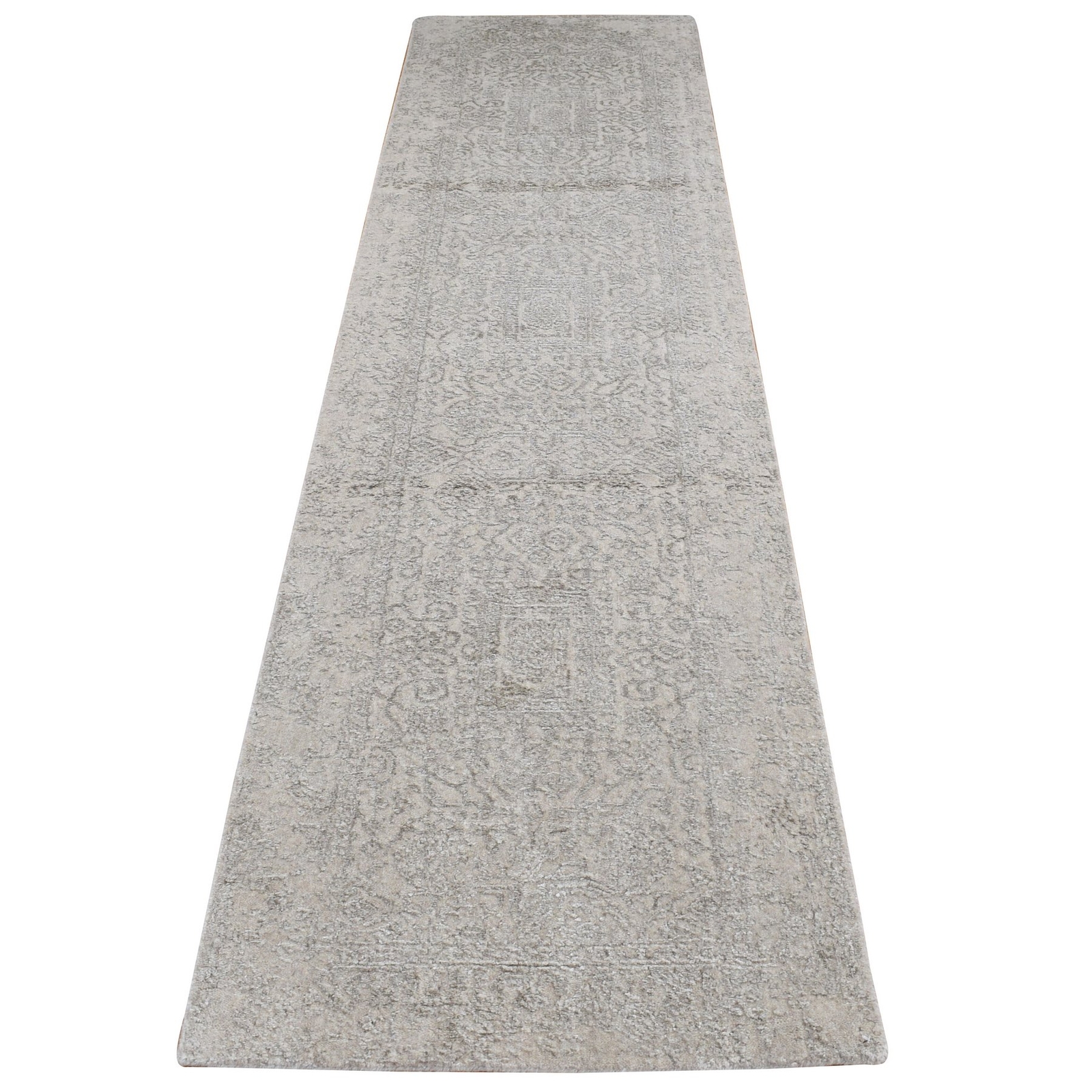 2’5″ x 12′ Gray Fine Jacquard with Hand Loomed Wool and Silk Runner Rug R87306