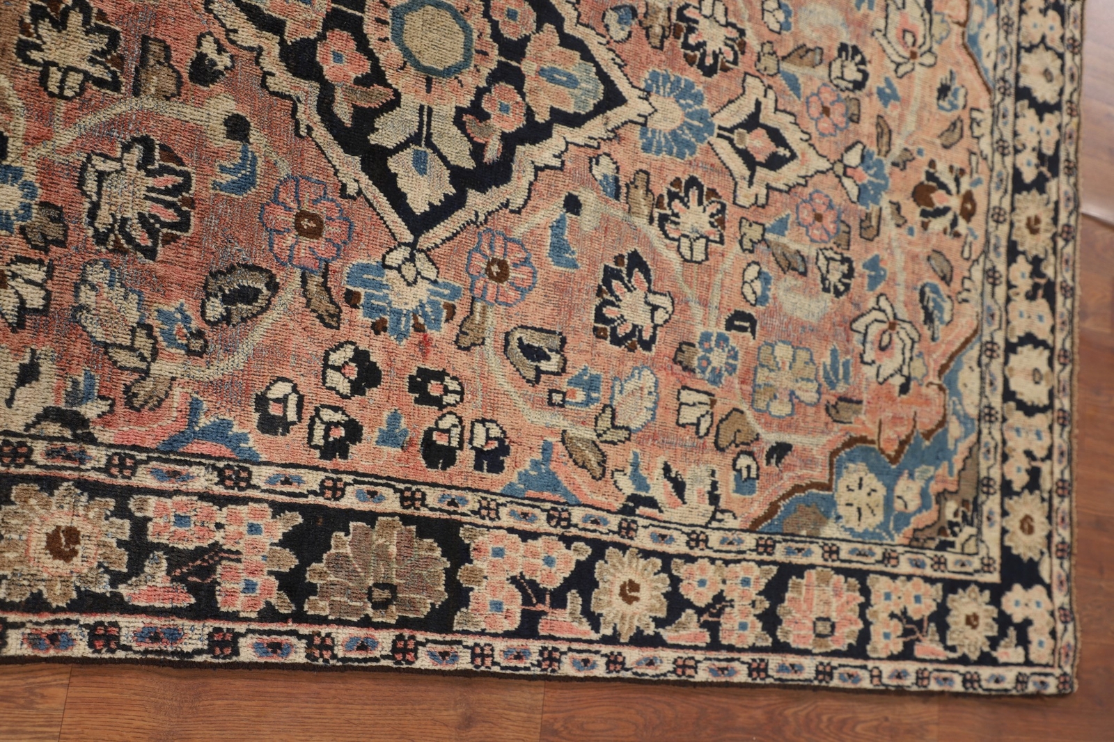 Antique Pink/ Navy Blue Floral Wool Hand-made Mahal Traditional Floral Rug 4×6