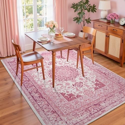 5X7 Bright Pink Area Rug for Living Room, Machine Washable Rugs with Non-Slip Ba