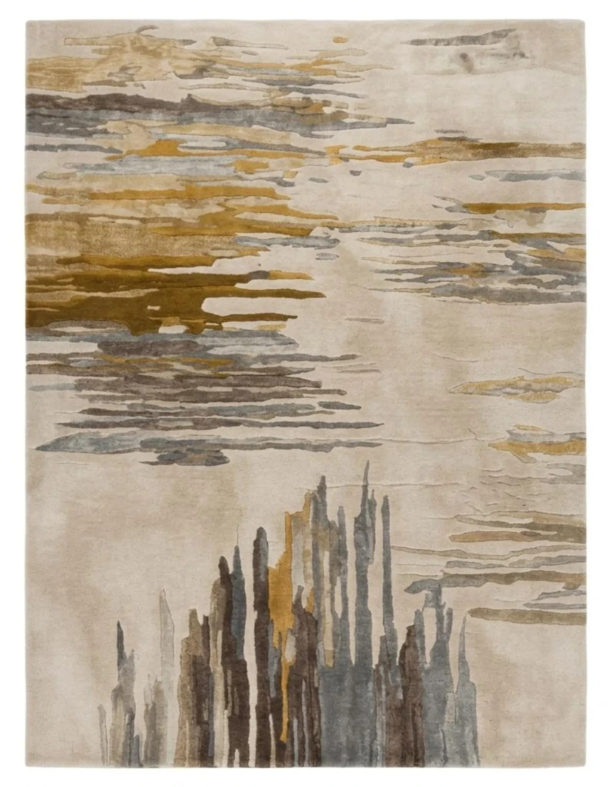 Hand Tufted Abstract Wool Area Rug: Beige Gold Grey Contemporary Area Carpet