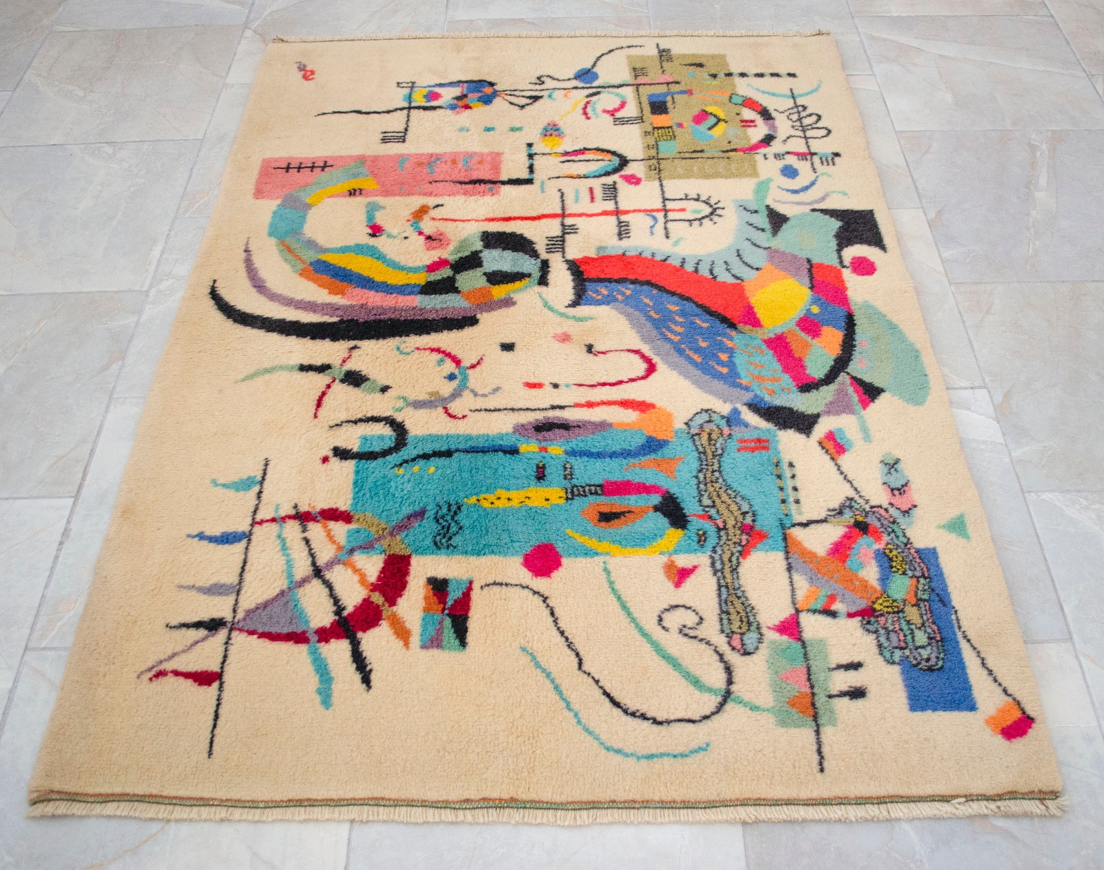 Kandinsky Style Abstract Rug | Vintage Hand-Knotted Wool Art Carpet 3’7″ x 5’0″