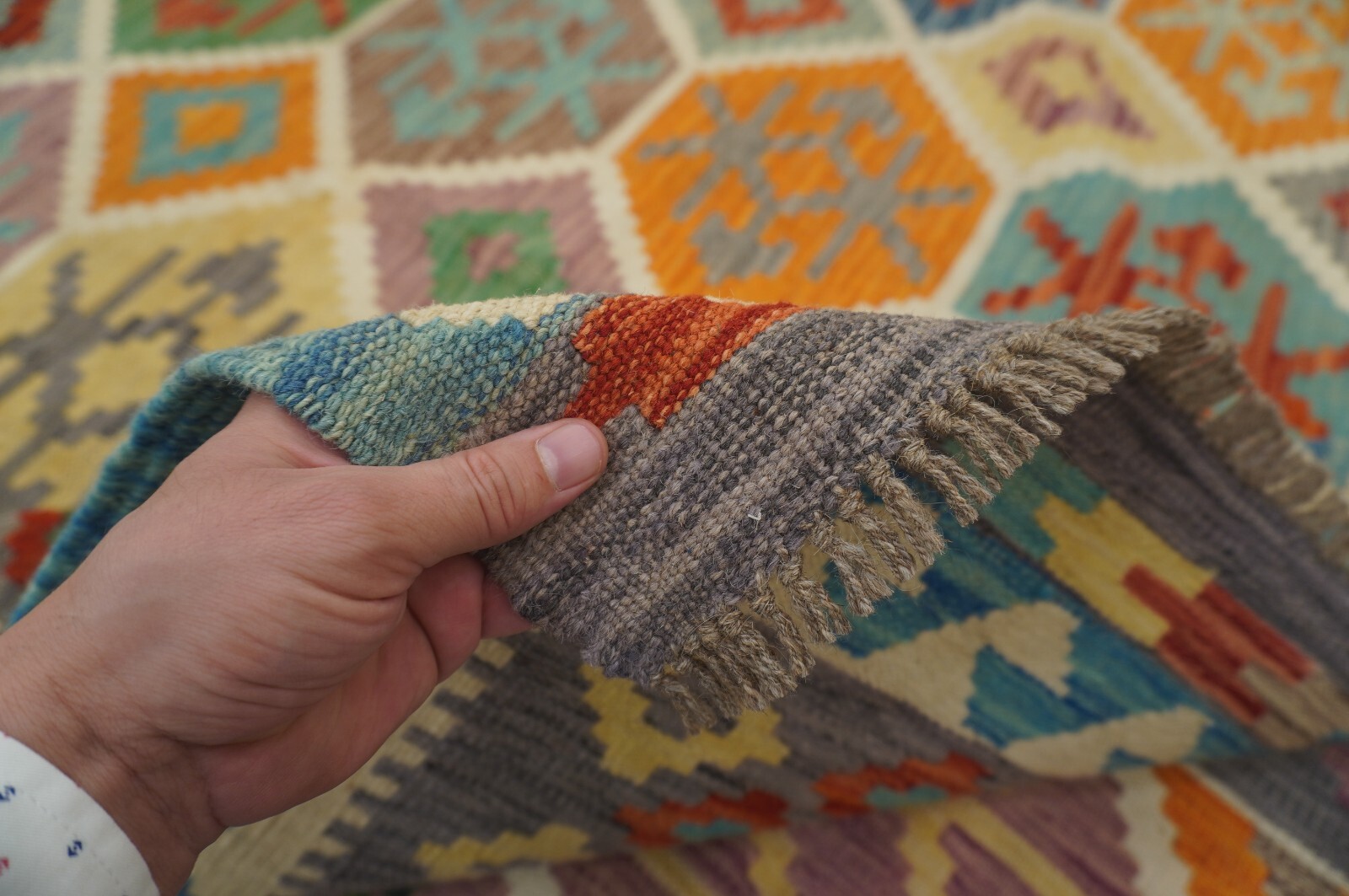 8×11 ft Afghan Beige Hand woven Geometric Veg dyes Wool Kilim Area Rug 8’0x11’3