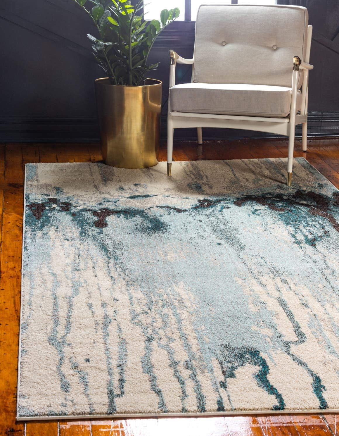 Modern Abstract Watercolor Area Rug 5′ x 8′ Light Blue/Beige