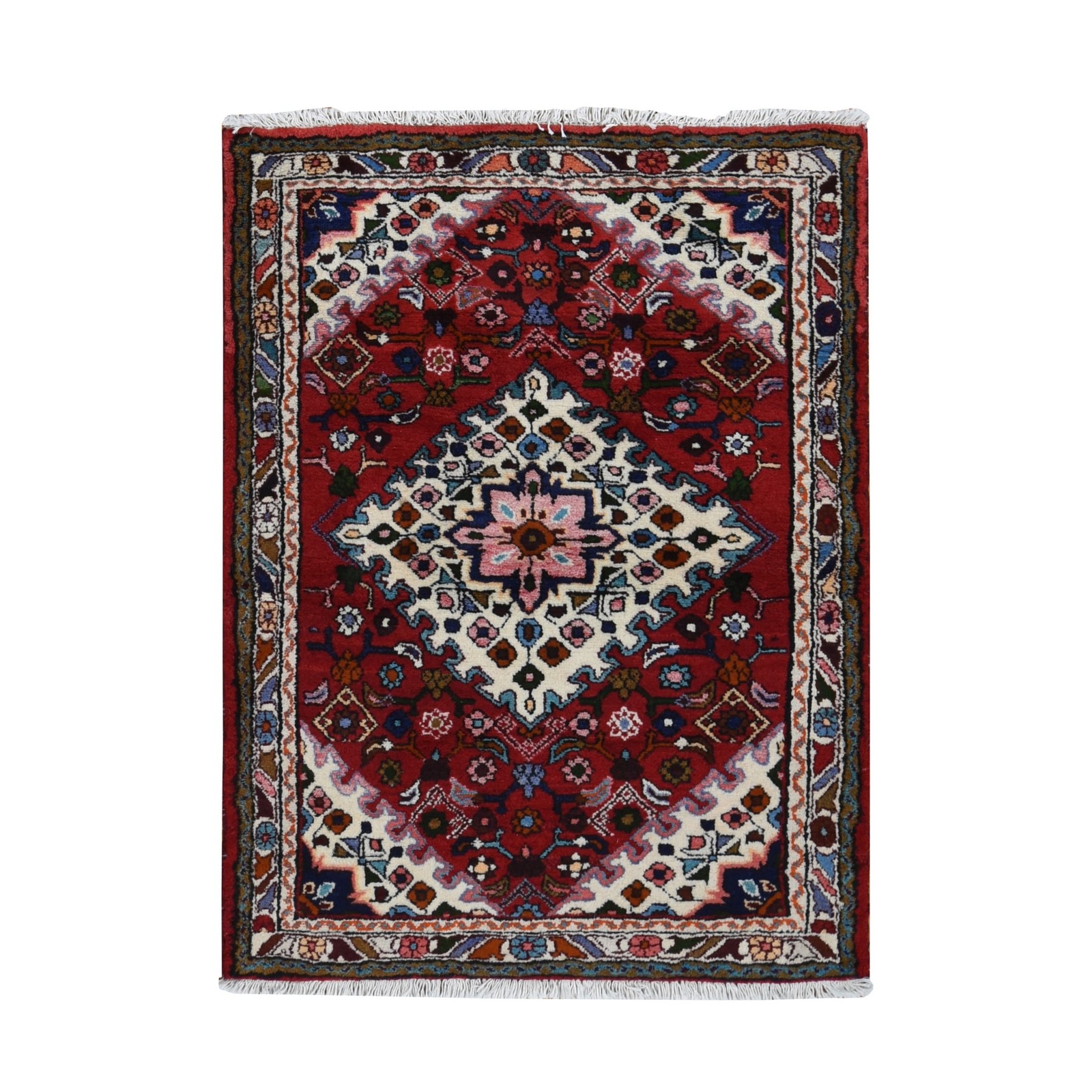 3’7″x4’8″ Red New Zoroastrian Bohemian Khmadan Pure Wool Hand Knotted Rug R87457