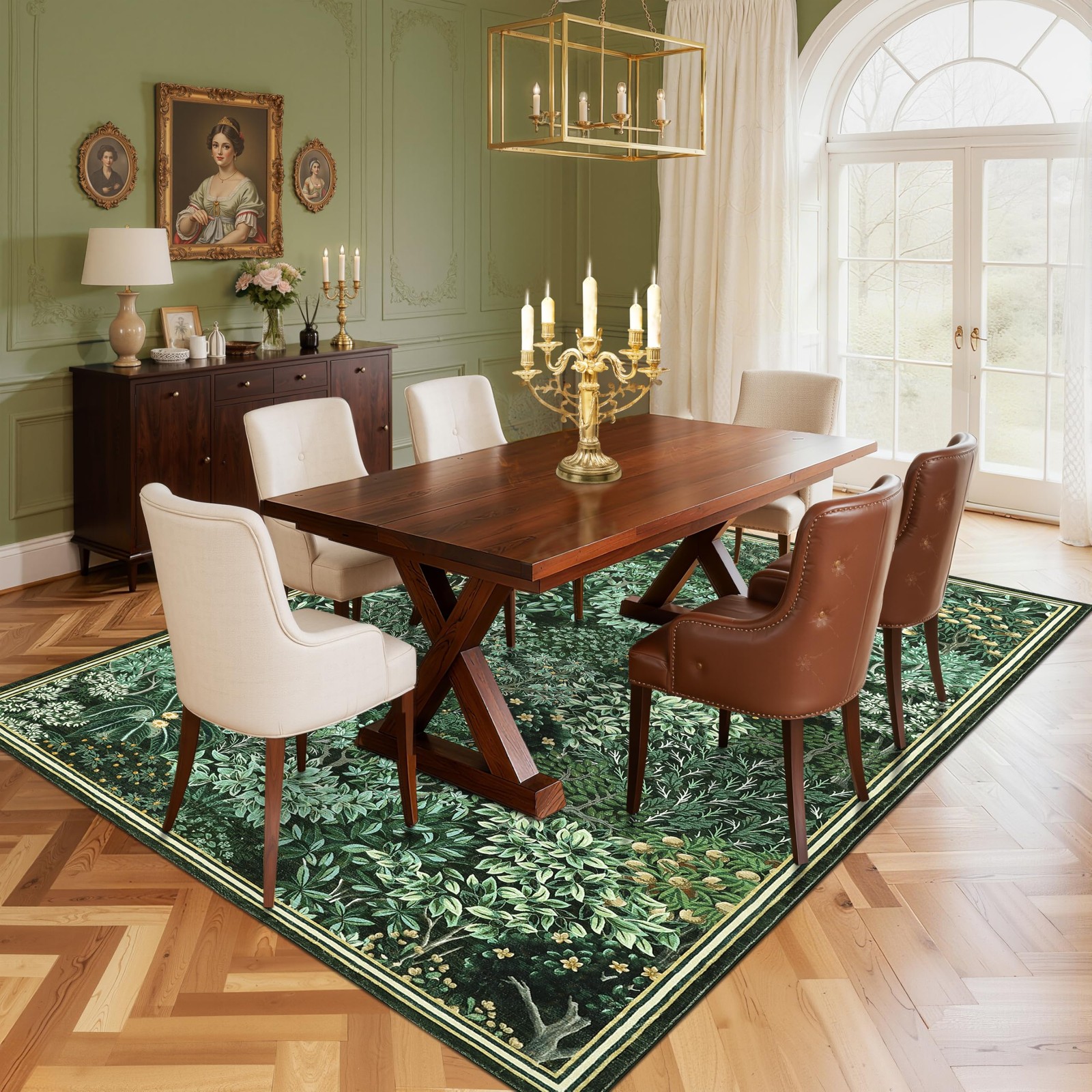 Forest Rugs 5×7, Dark Green Washable Area Rugs for Living Room 5×7, Botanical.