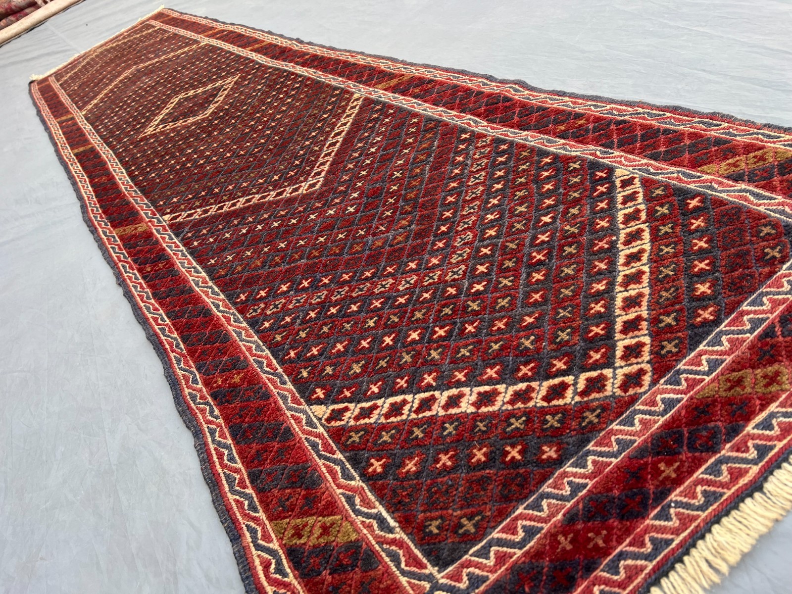 2’1 x 9’2 Ft Classic Afghan Mishwani Runner Rug – Deep Red Geometric Pattern Rug