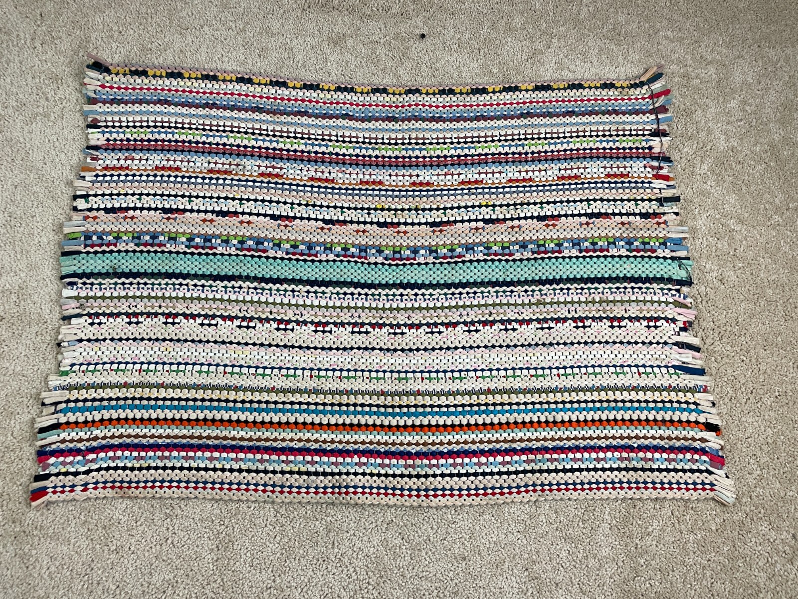 Vintage Decorative Rectangular Shag Rug Woven 34″x24″ Striped Multicolor