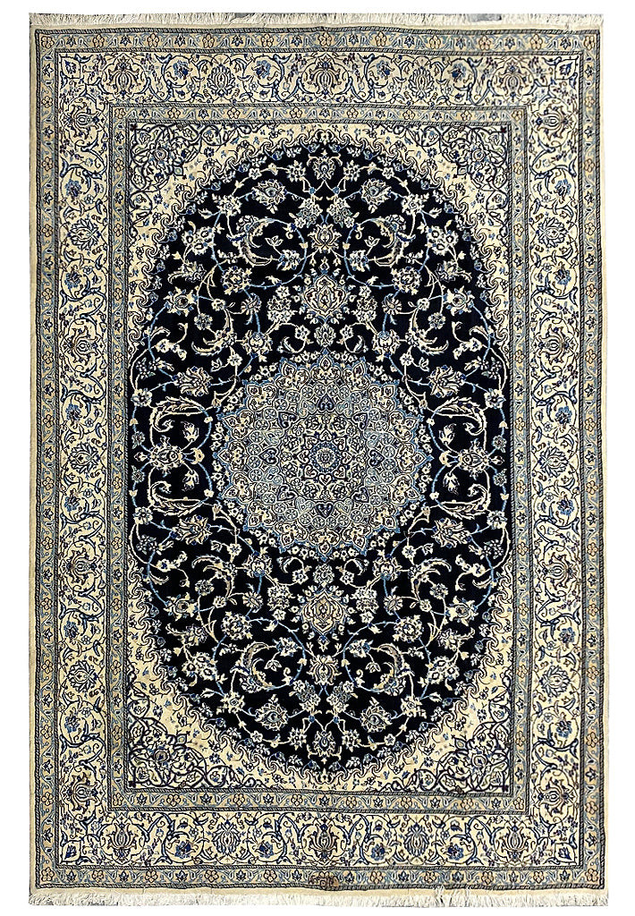 6×10′ Perrsian Naain Rug Dark Blue Wool and Silk #PIX-26311