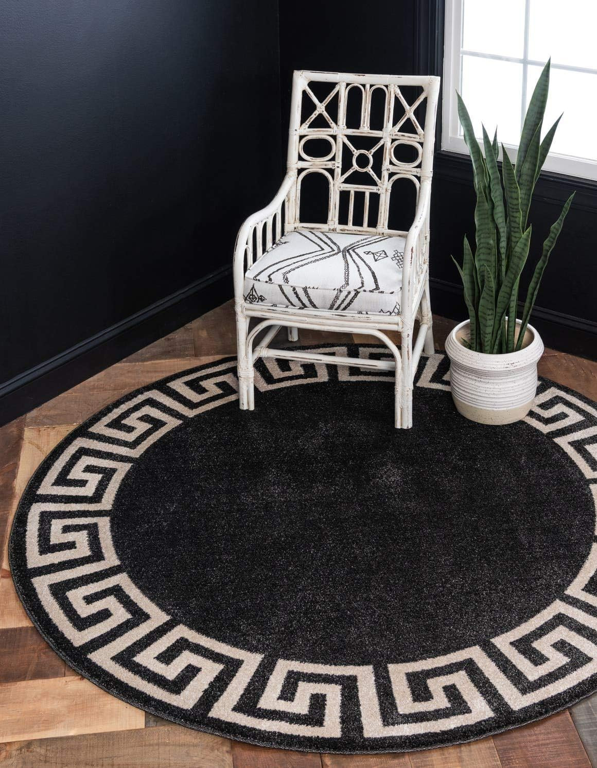 Classic Geometric Area Rug 8′ x 8′ – Charcoal/Beige Modern Design